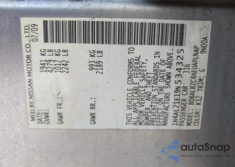 2009 Nissan Altima 2.5 S from USA, damaged, VIN 1N4AL21E19N534325